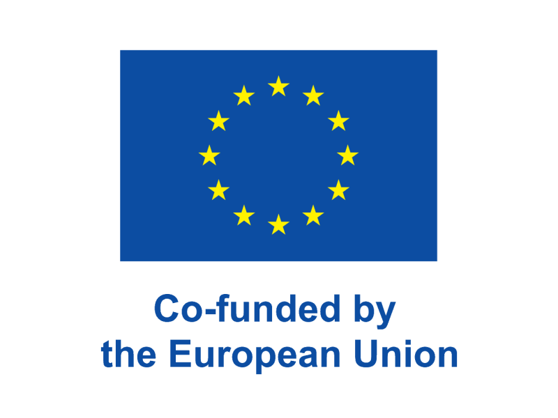 A blue flag with yellow stars in a circle. Says Co-funded by the European Union underneath it.