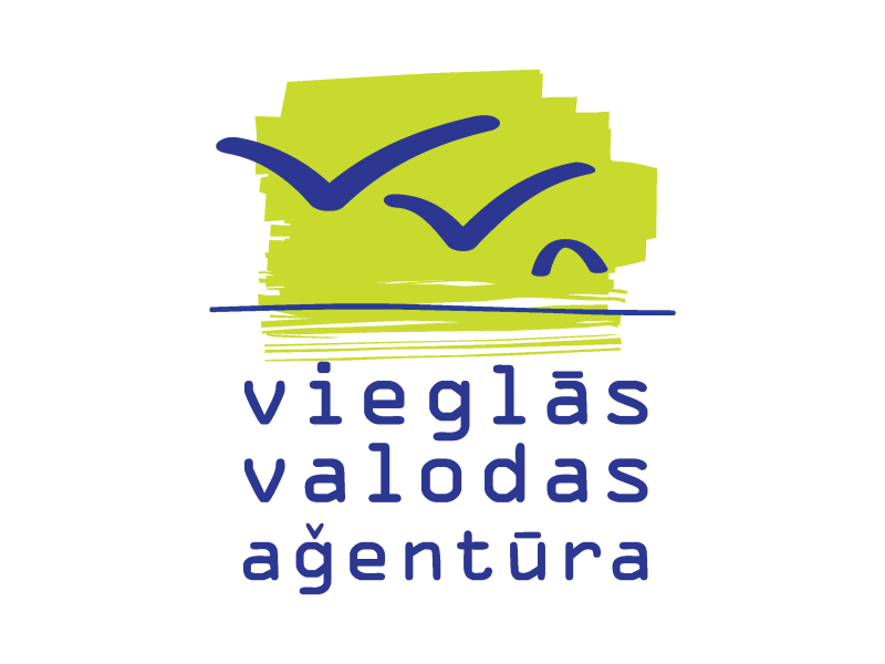 Logotype of Vieglas valodas agentura. Says Vieglas valodas agentura. Above the title are 3 silhouettes of birds in blue colour on green background. Link leads to Vieglas valodas agentura webpage. 