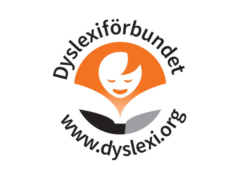 Logotype of Dyslexiförbundet. Says Dyslexiförbundet and www.dyslexi.org in black. In the middle a silhouette of a face is looking at the book. Link leads to Dyslexiförbundet webpage. 